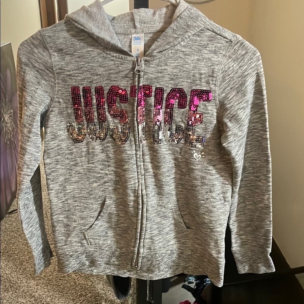 Justice Heather Gray Sequin Kids Zipup Hoodie